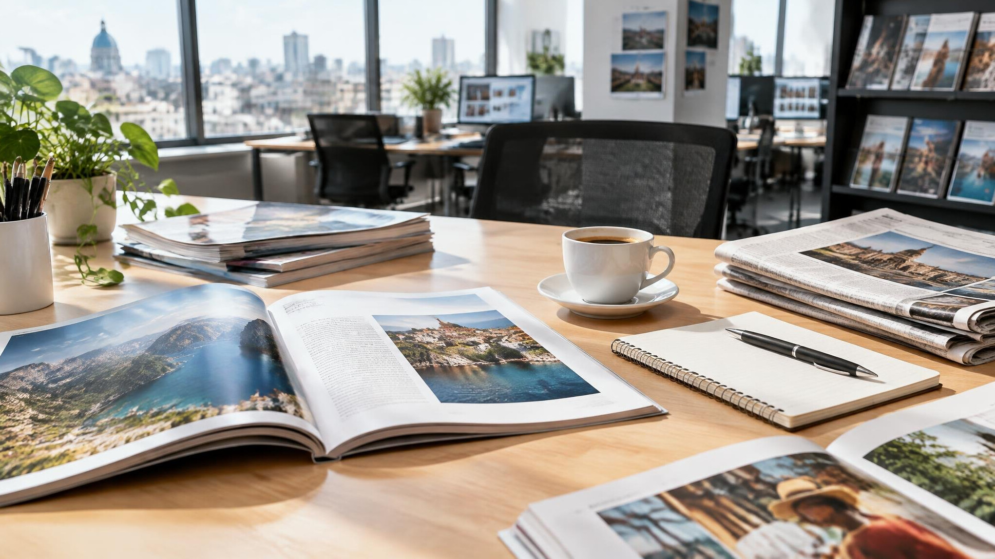 Editorial desk with printed magazines, newspapers and a cup of coffee