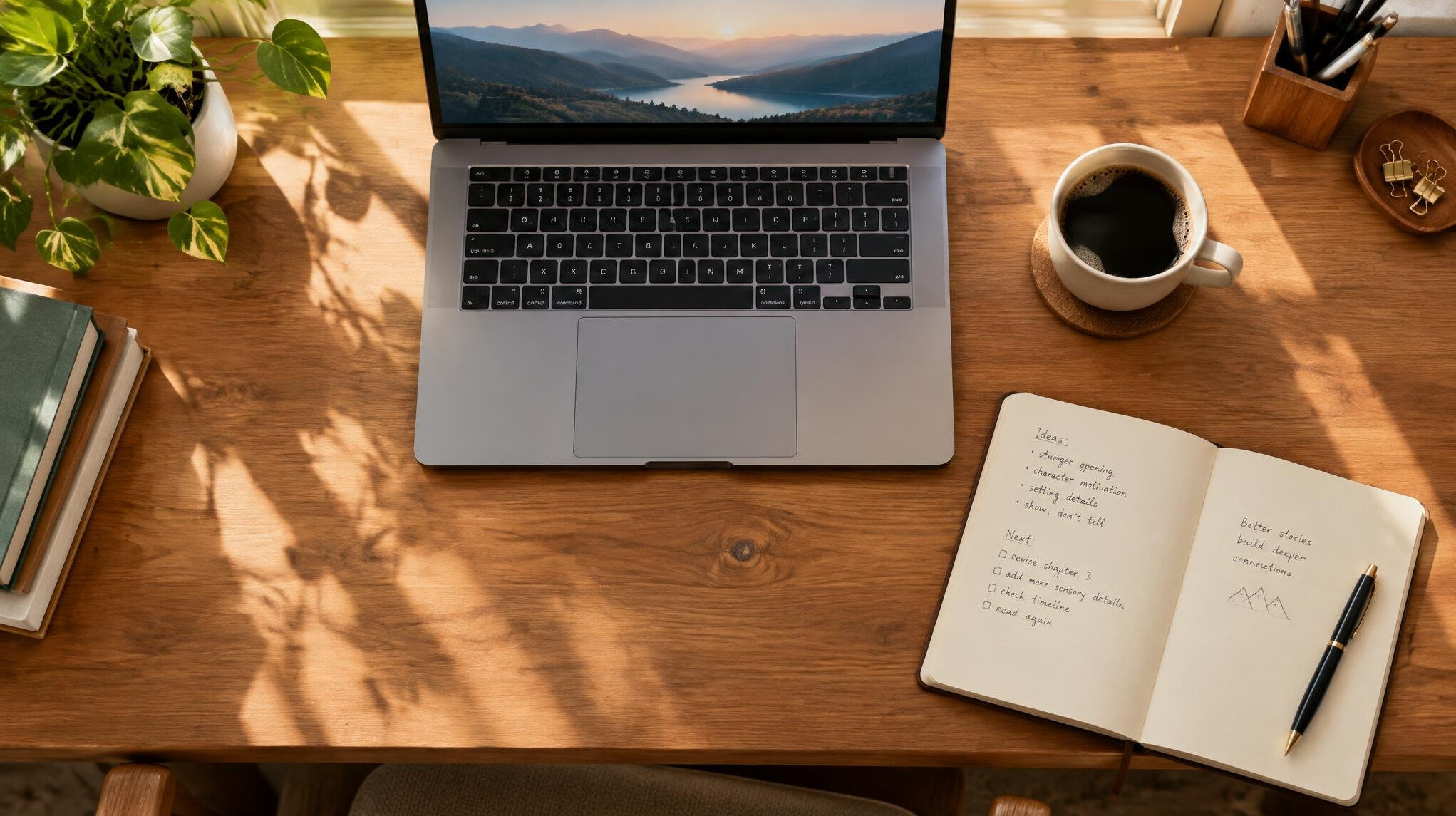 Laptop, notebook and coffee on a writer's wooden desk